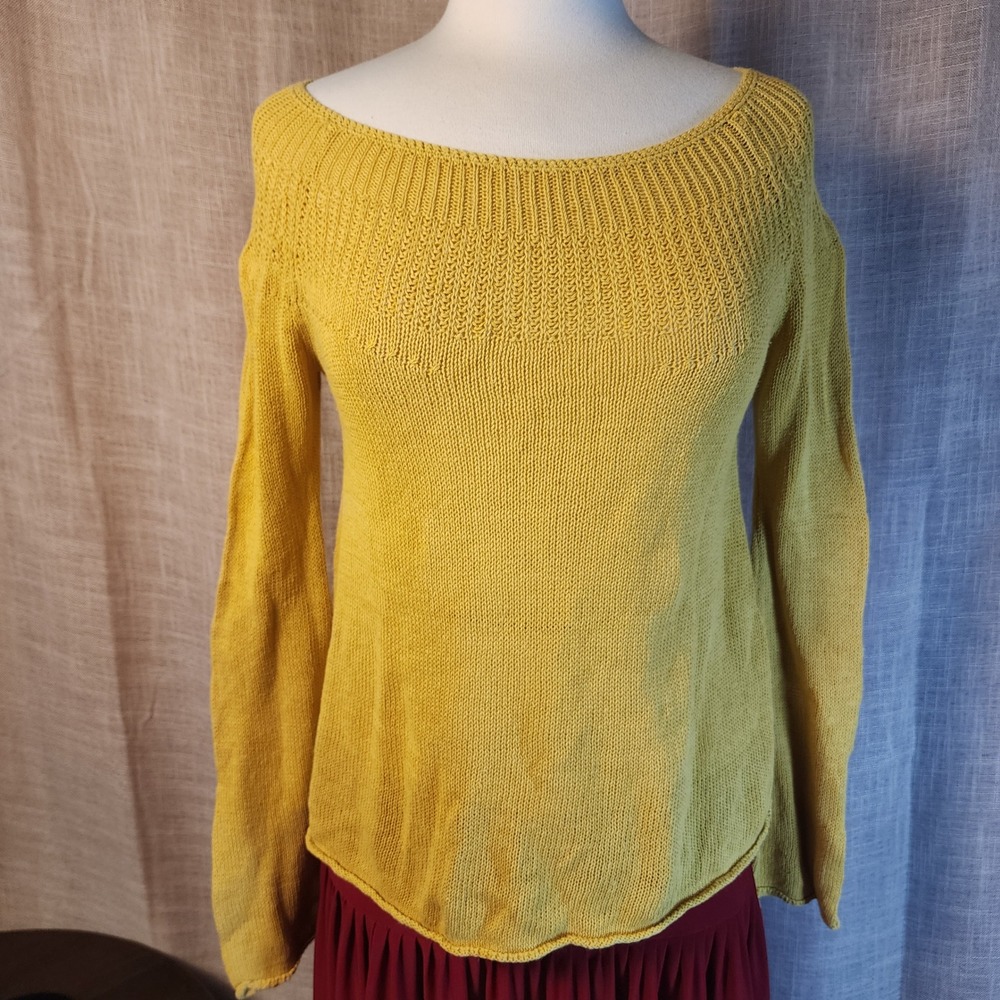 Moth Anthropologie Linen Cotton Knit Sweater Size S Yellow Boat Neck Raglan